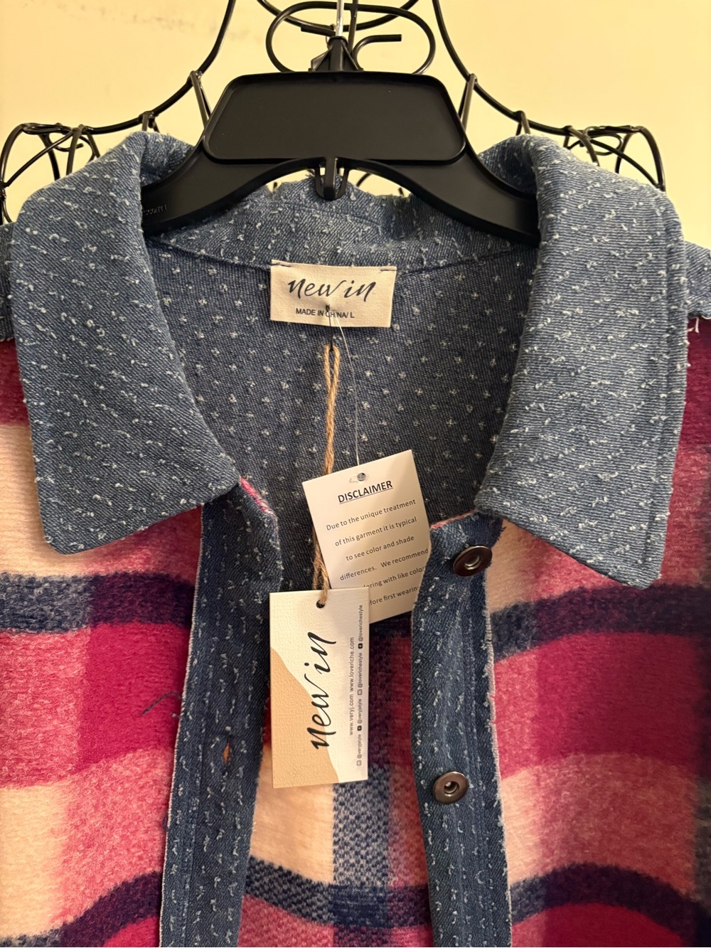 Women's Magenta Plaid Button-Front Jacket with Denim Trim - Picture 2 of 4